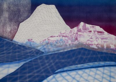 Painting: A white wireframe mountain on top of a blue and pink gradient sky with a cyan wireframe net in the foreground.